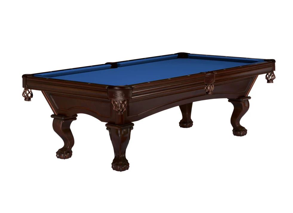 A Glenwood pool table with elegant Talon ball & claw legs and a blue felt surface, featuring leather pockets at each corner and along the sides, is set against a plain white background.